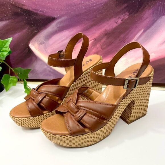 Korks by Kork-Ease Dee Sandals Strappy Wedge Heel Platforms Cognac Brown Size 10 - Picture 2 of 9